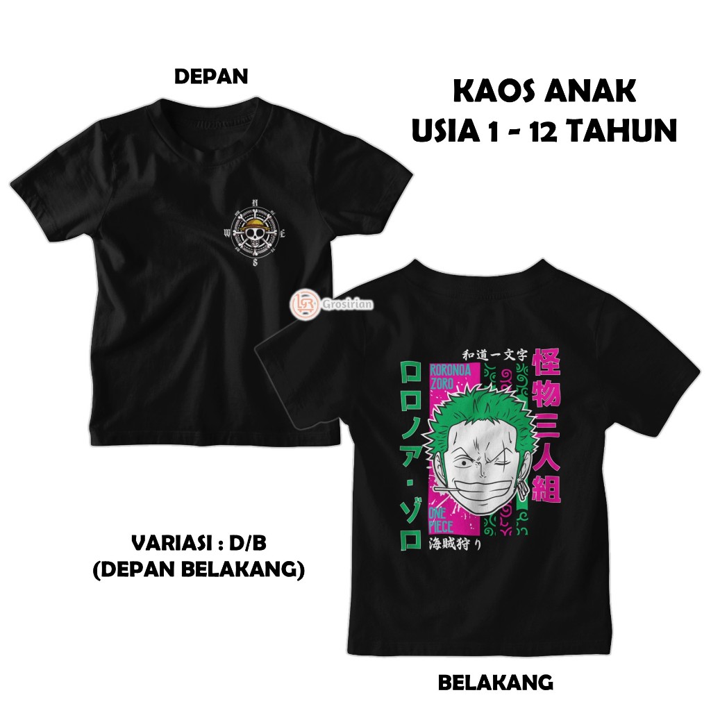 KAOS ANAK ZORO ONE PIECE - KAOS ANAK ZORO RORONOA ANIME ONE PIECE, KAOS BAJU ANAK 1 - 12 TAHUN