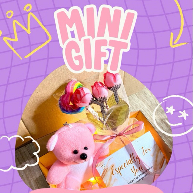 Hampers Boneka Mini dan Buket Bunga Mini include lampu tumbler free permen lolipop | Mini Gift | Min