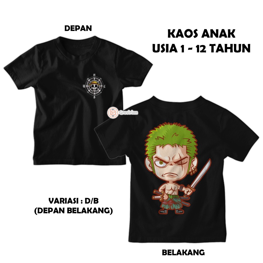 KAOS ANAK ZORO ONE PIECE - KAOS ANAK RORONOA ZORO ANIME ONE PIECE, KAOS BAJU ANAK 1 - 12 TAHUN