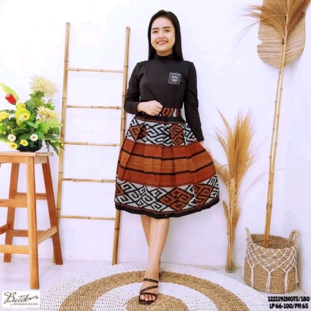 Rok Tenun Pinggang Karet Motif Santai Kerja -Ukuran S-XXL - rok payung - rok mekar Cewek