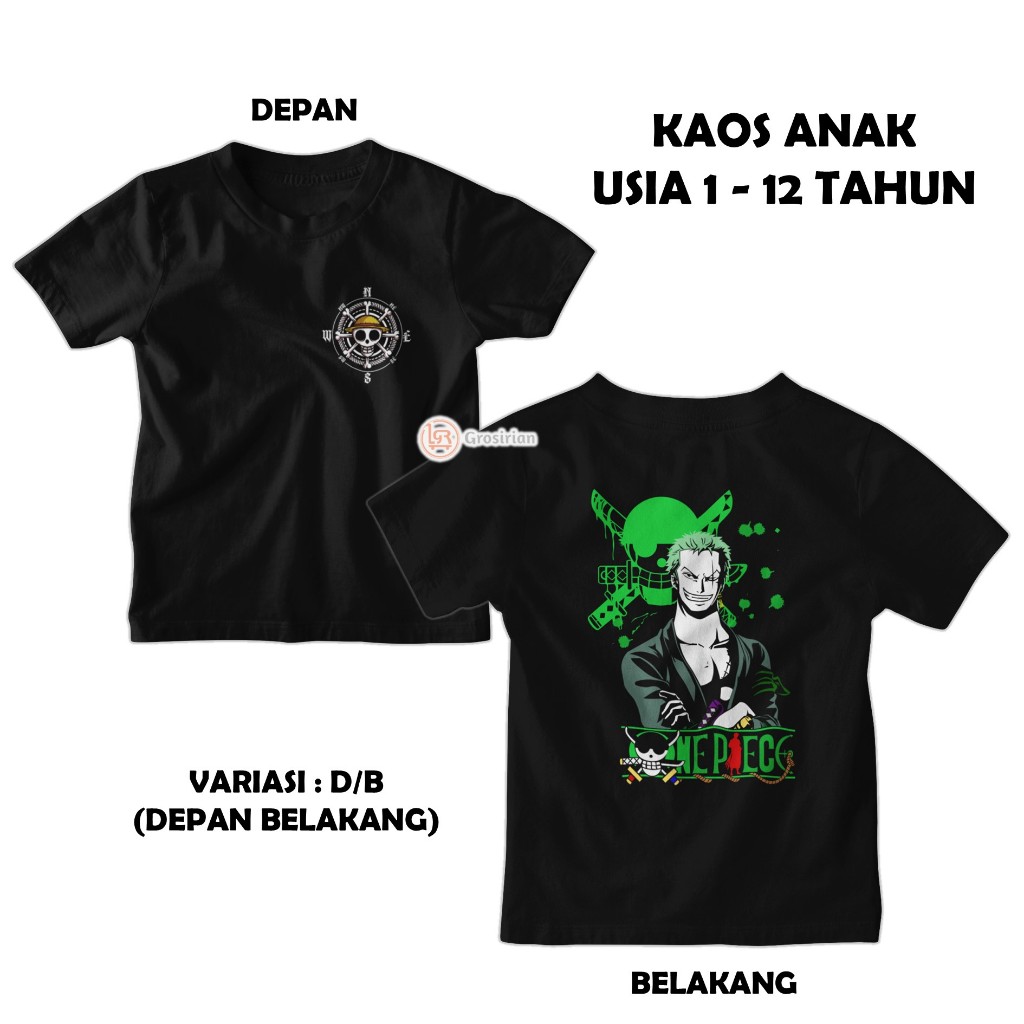 KAOS ANAK ZORO ONE PIECE - KAOS ANAK RORONOA ZORO ANIME ONE PIECE 2, KAOS BAJU ANAK 1 - 12 TAHUN