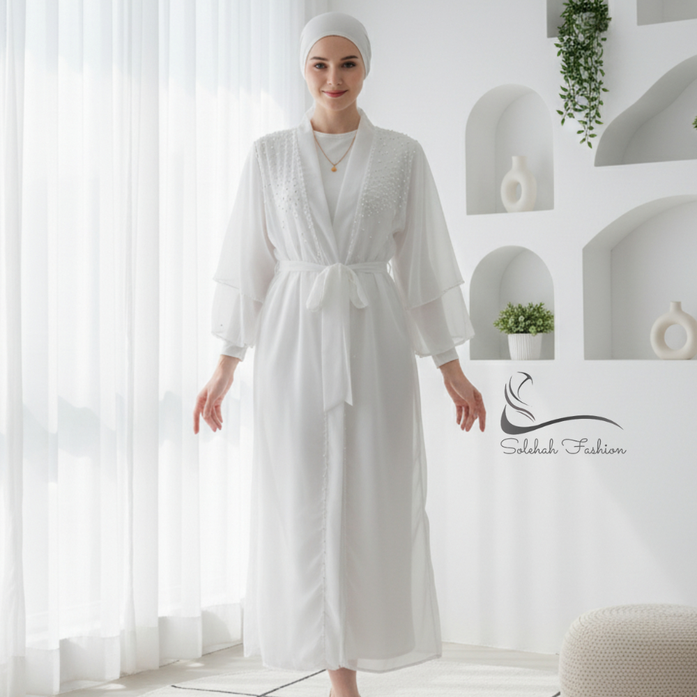 Kimono Robe Organza Pengantin Wedding Outerwear Bridesmaid Payet Dada Mutiara Tanpa Inner