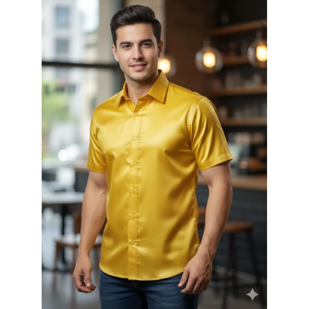 KEMEJA Satin pria Kondangan /lamaran/preweding lembut,lengan pendek berlapis trikot,,