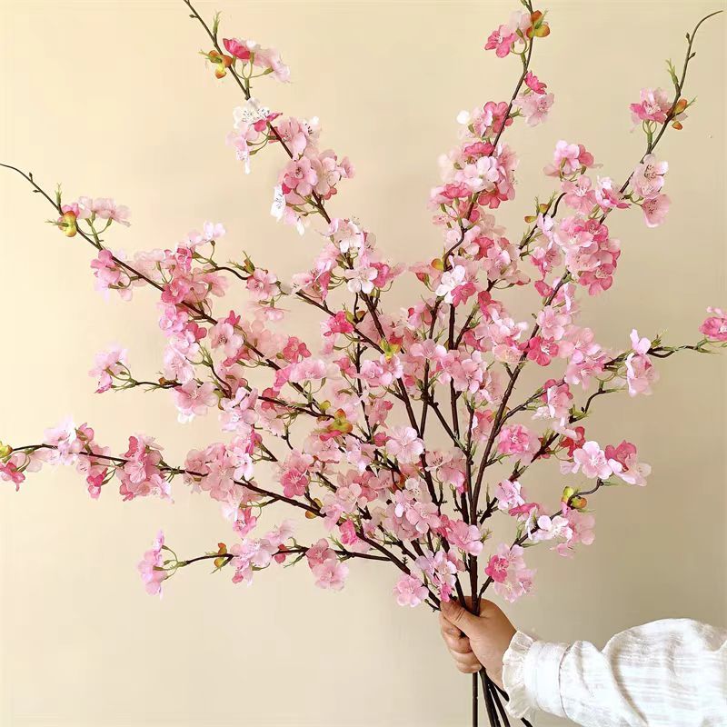 Bunga sakura palsu tunggal 4 cabang bahan plastik untuk hiasan living room dan pernikahan grosir