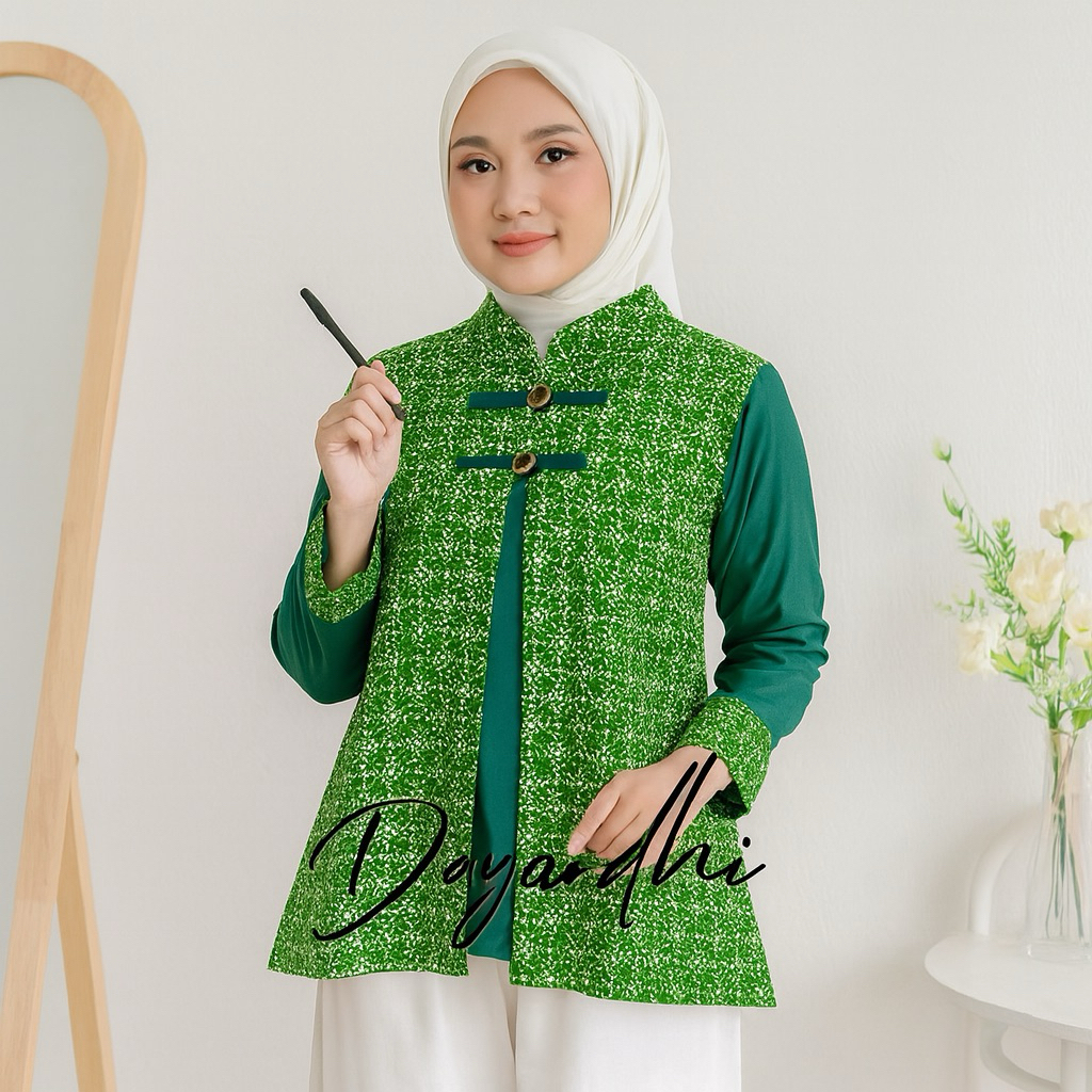 Tunik Batik Modern Wanita Lengan Panjang Warna Hijau - Model Etnik Elegan Dayardhi