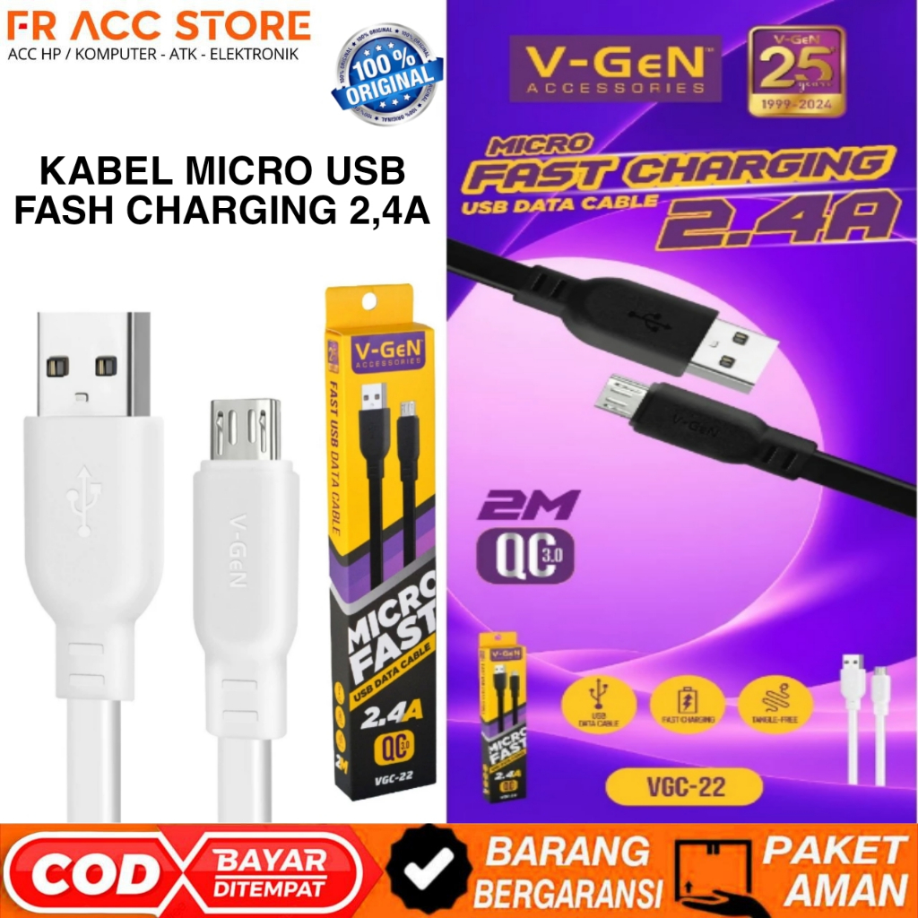 Kabel Data Micro 2 METER V-GeN VGC-22 KABEL MICRO USB 2M FASH CHARGING 2,4A / QC 3A