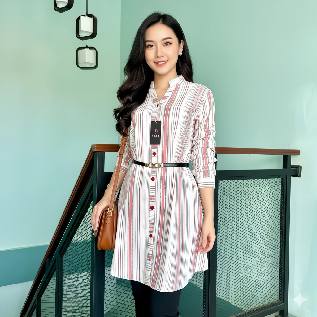 Jubii.Tunik Triset Motif dobby timbul free ikat pinggang cantik