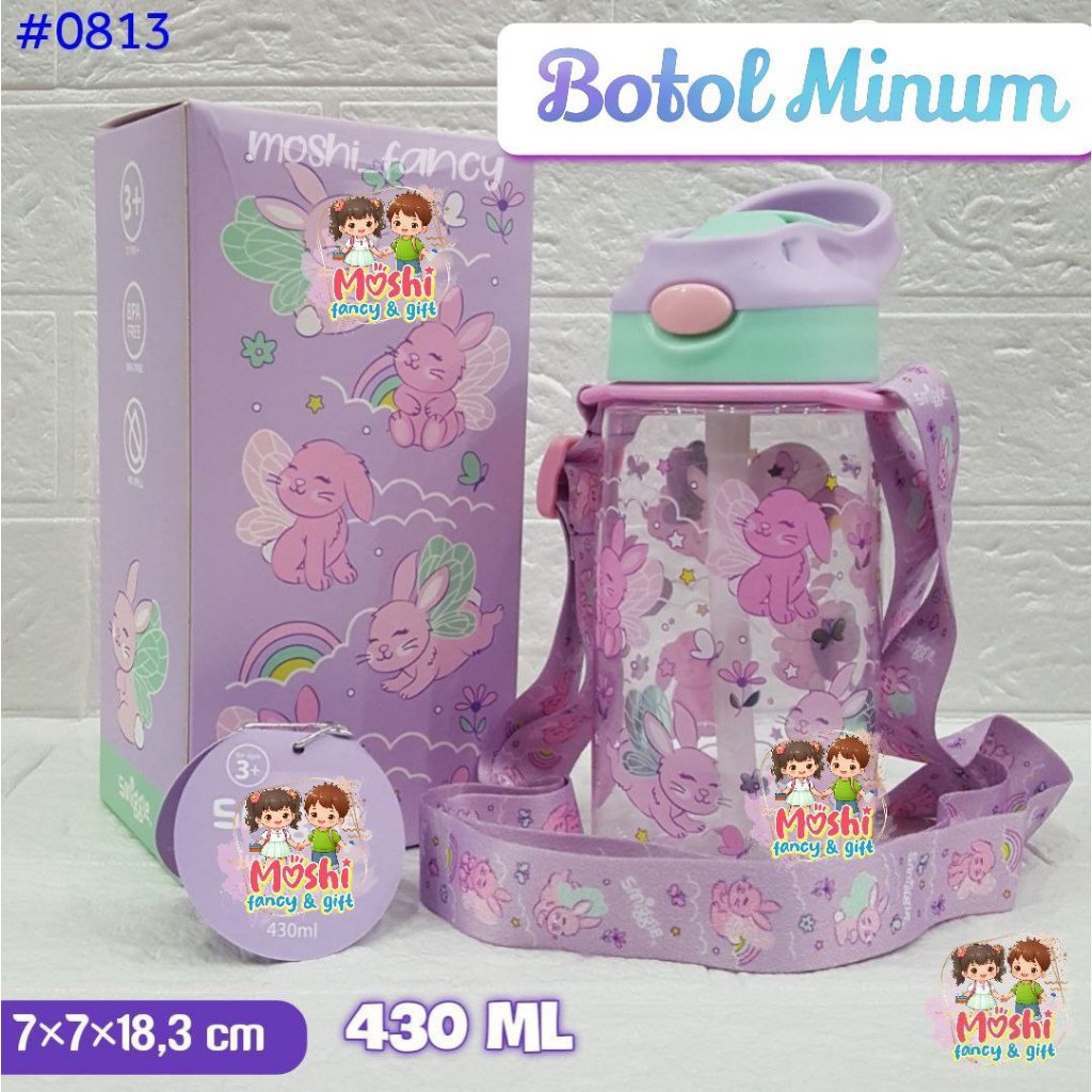 Botol Minum 430 ml dan Tali Panjang motif Bunny Ungu / Tempat Minum Motif Rabbit / Botol Minum Tali 