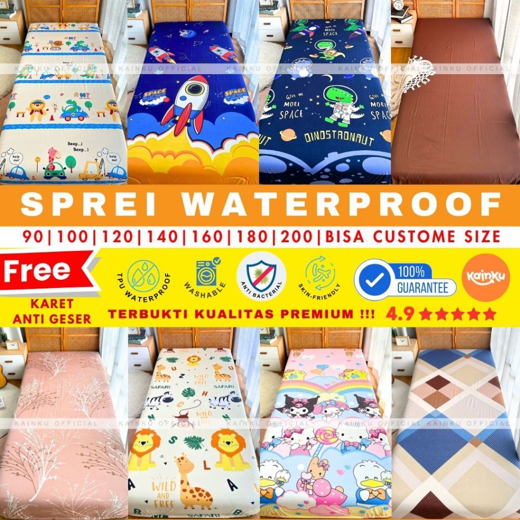 SPREI WATERPROOF ANTI AIR OMPOL Free KARET ANTI GESER UKURAN lengkap Bisa Custome ukuran