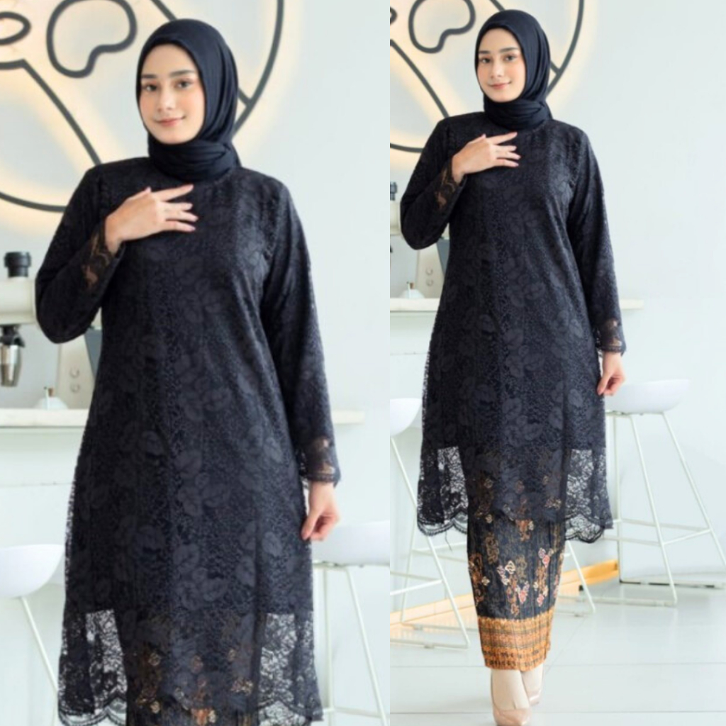 Setelan Tunik Muslim Brokat Hitam Wanita/Kebaya Longcape Hitam Aneka Pilihan Warna