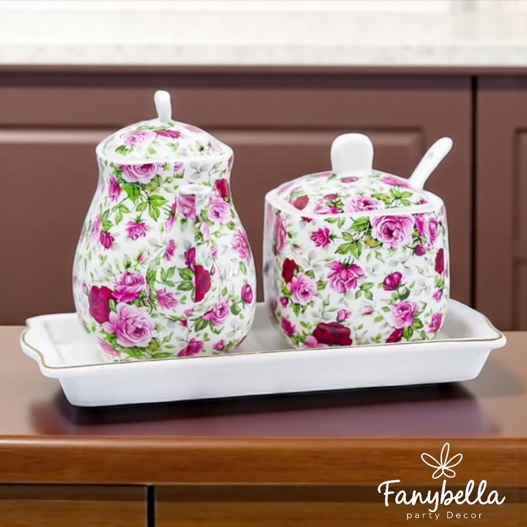 FANYBELLA| Tempat Bumbu Keramik Rak Dapur Set Aesthetic Mewah Import Prasmanan Shabby Chic Motif Bun