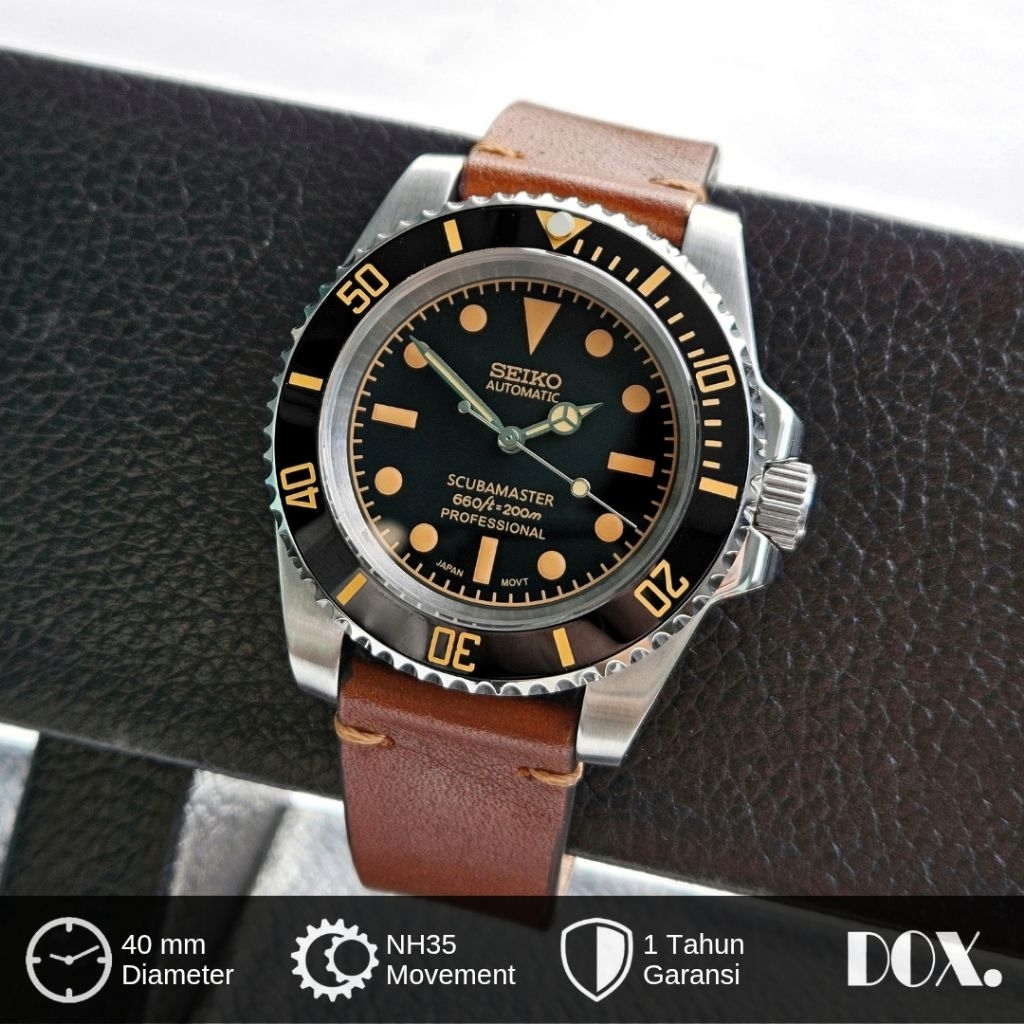 Jam Tangan Seiko Scubamaster Milsub Vintage NH35 Automatic Strap Kulit Coklat Kaca Sapphire Seikomod