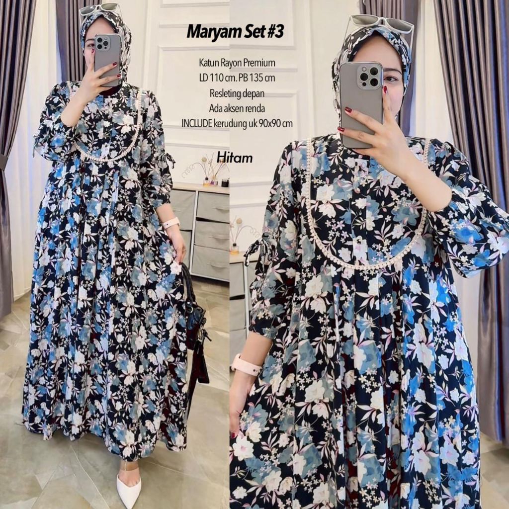 SET MARYAM FREE HIJAB / Dress Rayon Motif / Anisa Dress