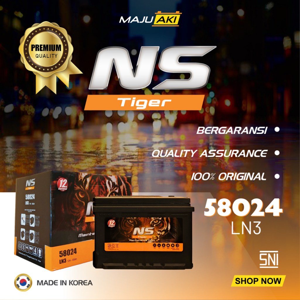 Aki Mobil 80Ah 12V Aki Kering Premium NS Tiger MF 58024 LN3 Tahan Lama Kualitas Korea