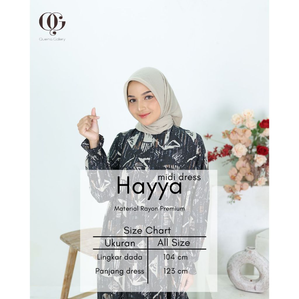 Midi Dress Rayon Premium Motif Segitiga Midi Kekinian Busui Friendly dan Wudhu Friendly Hayya Midi D