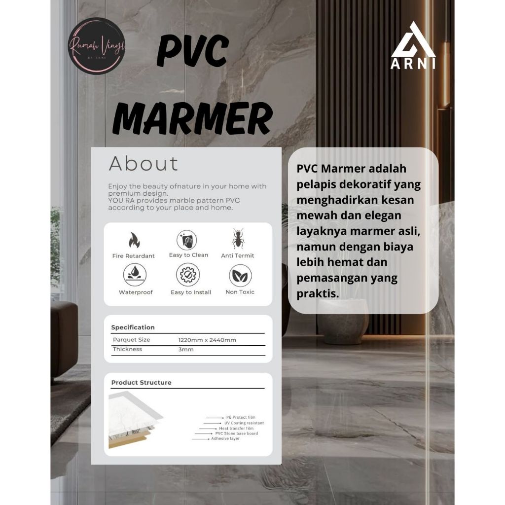 PVC MARMER | UV Panel 3mm Motif Marmer Glossy | Panel Flat PVC Untuk Dinding Ruang Tamu | Dinding Da