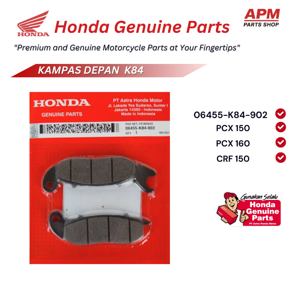 Kampas Rem Disc Pad Depan |06455-K84-902 | PCX ADV CRF 150 Original |Asli AHM