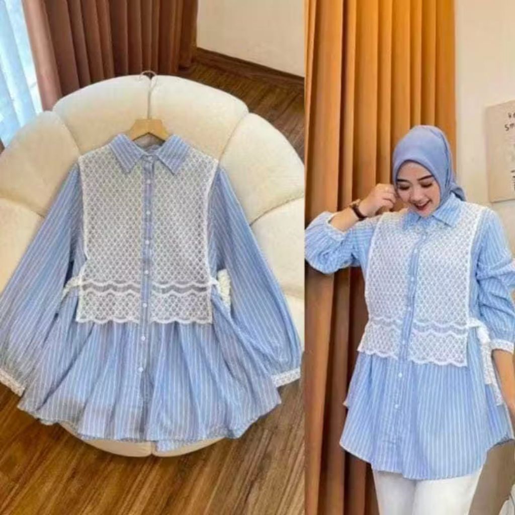 Arumi Blouse Stripe Brukat / Kemeja Brukat Kombinasi Salur Dan Motif Polos