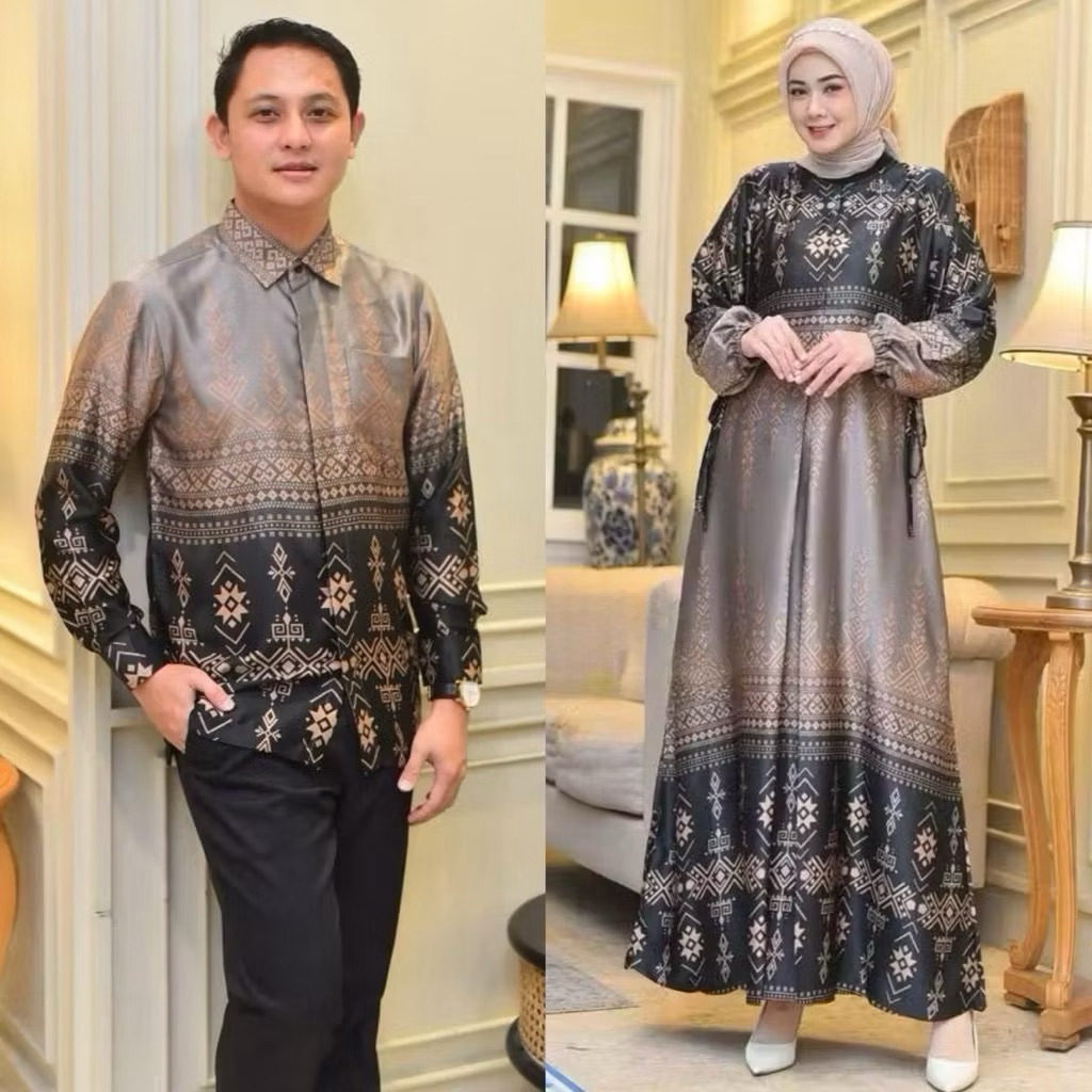 Dress NADIRA Bahan Silk Premium Gamis Silk Motif Bunga Set Couple Kemeja Pria Couple Terbaru Murah