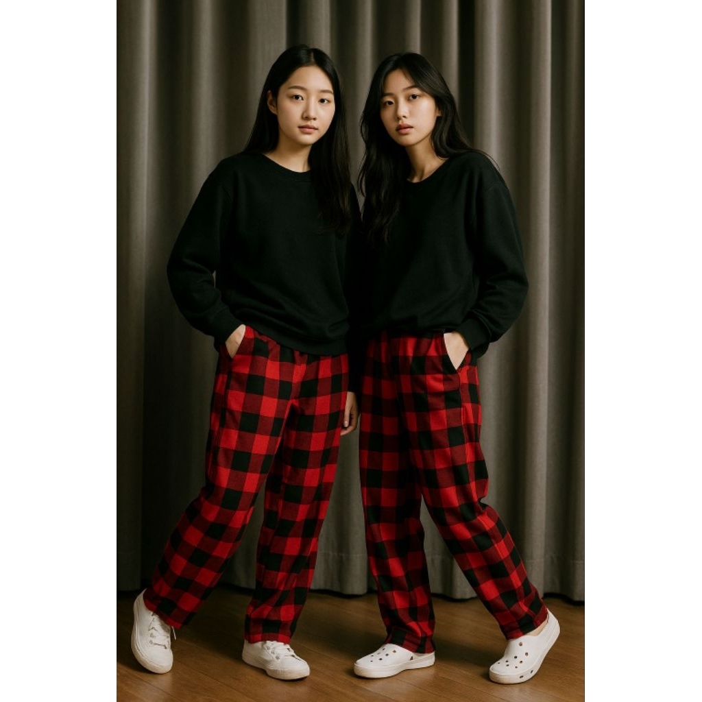 Celana Tartan Kotak Kotak Bahan Kain Flanel Unisex Terbaru