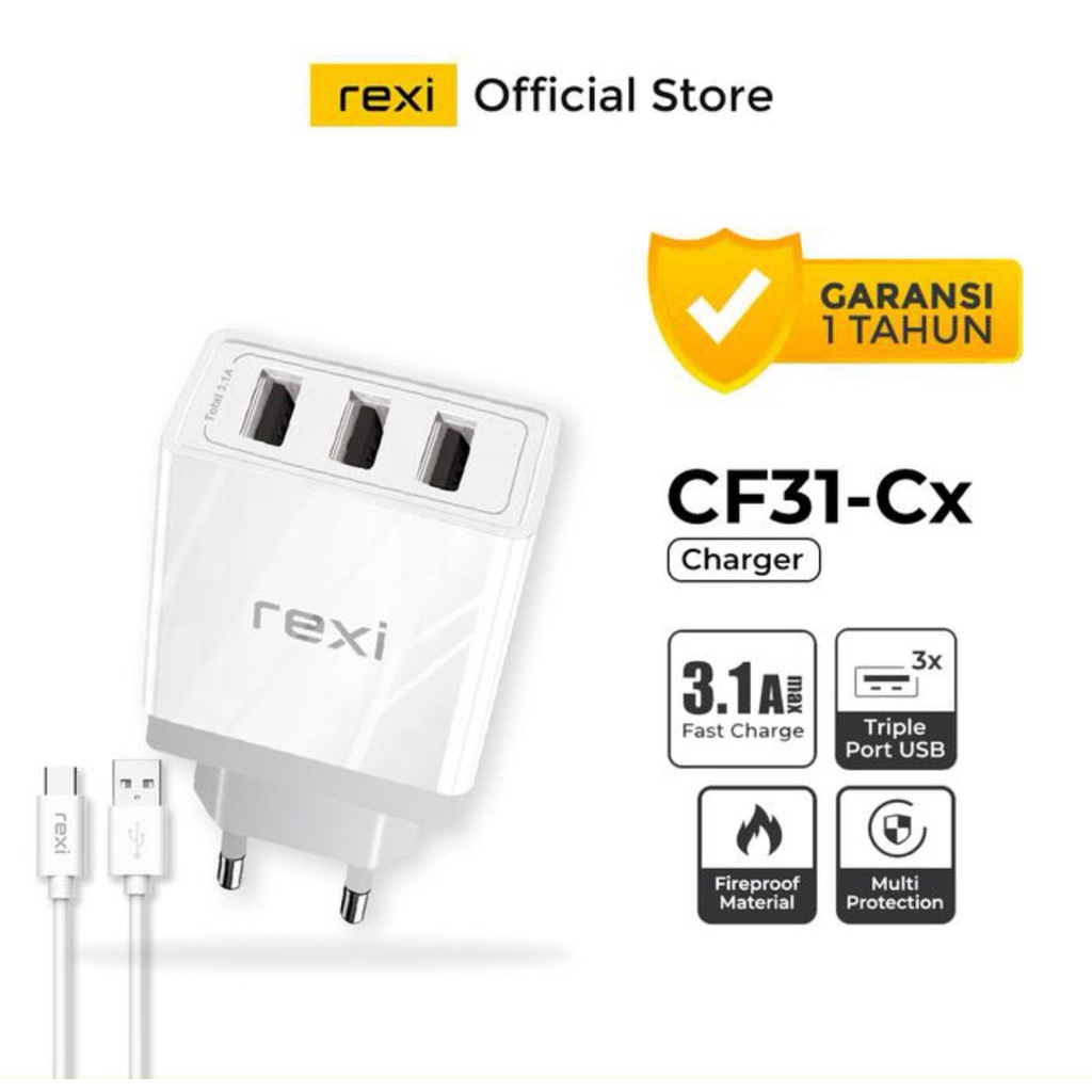 Rexi CF31-Cx Charger Type-C 3.1A Fast Charging 3 USB Port With Cable 1M
