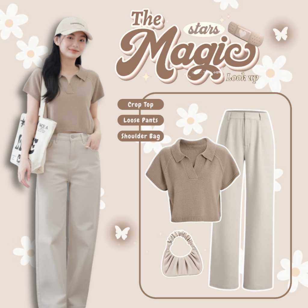 Outfit Fashion Korean Syle | Crop Top Rajut + Jennie Knit + Shoulder Bag | One Set 3in1 Casual UC117
