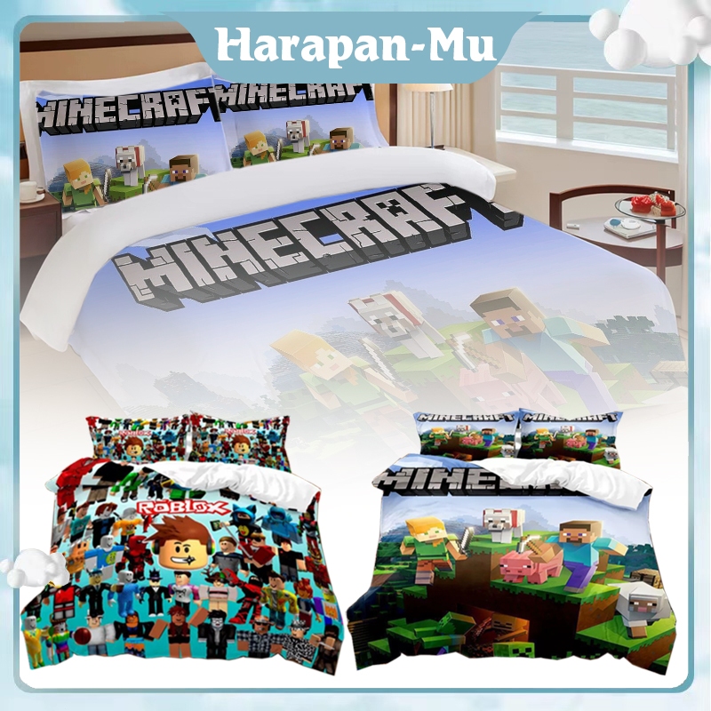 1.2X2M 2Pcs/Set Selimut/Sarung Bantal Katun Tema Minecraft / Selimut Karakter Minecraft