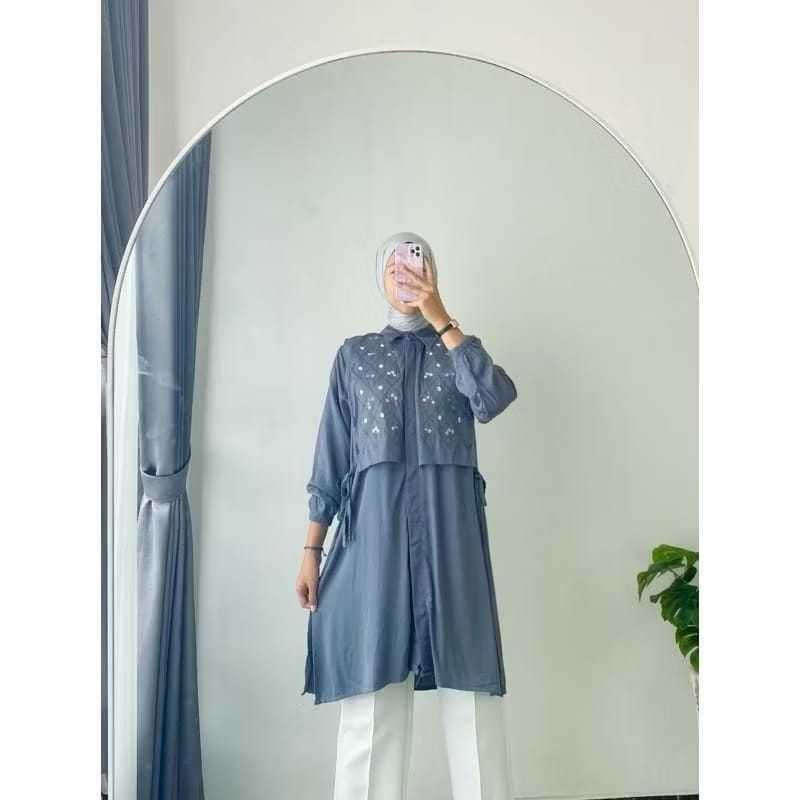 Tunik savia kombinasi bunga bordir elegant | atasan lengan panjang kekinian | tunik kondangan termur