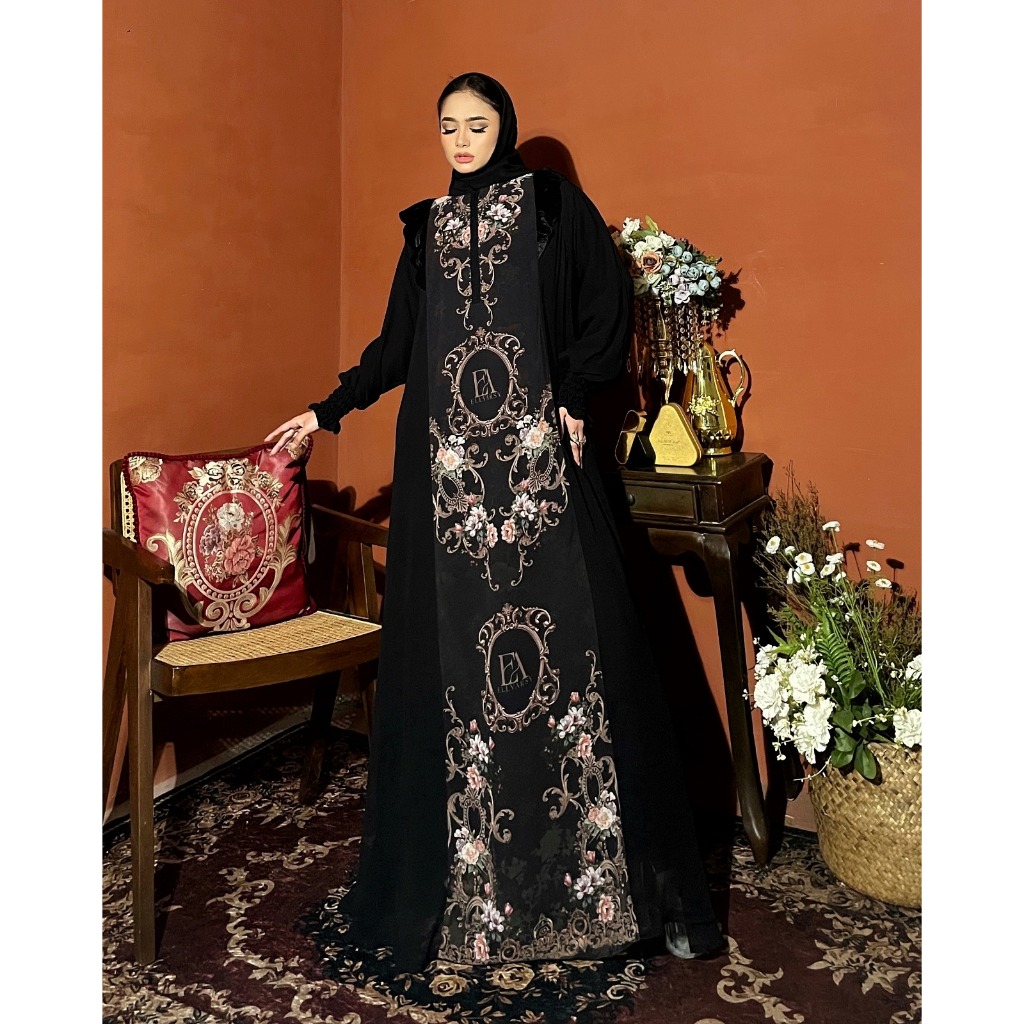 Levia Dress Material Ceruty Tuan Putri Mix Pattern Exlusive By Elly Arsy Aksen Bludru Only Gamis (Ta