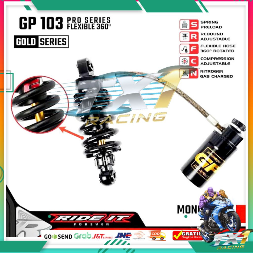 Mono shock RIDE IT GP 103 FLEX ori Shock belakang Tabung pisah klik rebound compression pnp motor Ju