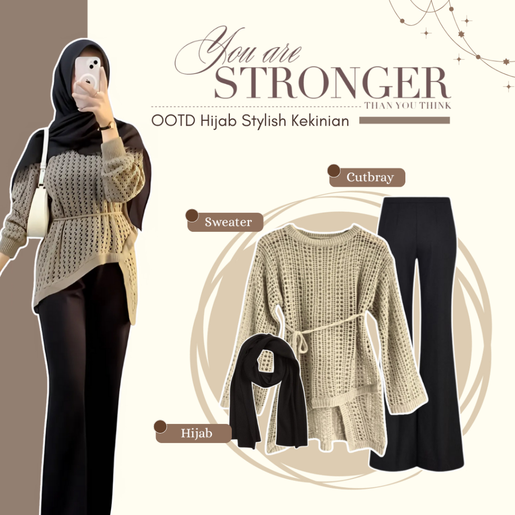 OOTD One Set Wanita Kekinian Hijab (Outer Sweater Rajut + Celana Cutbray + Hijab) Outfit Set - LH157