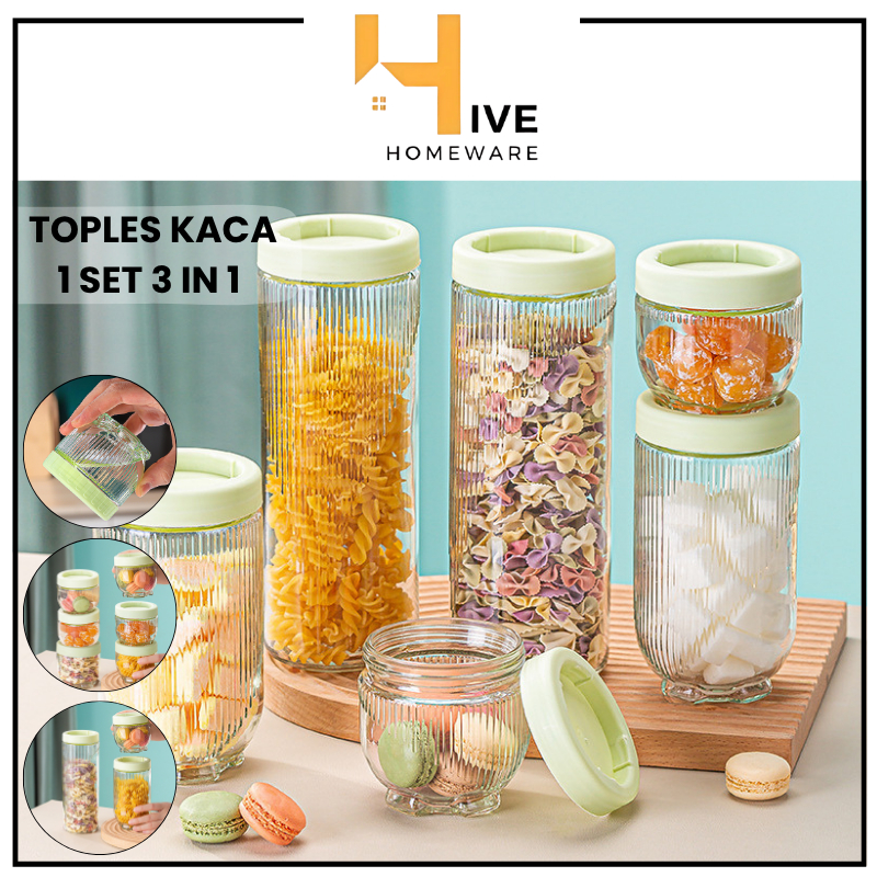 HIVE Toples Kue Lebaran Kaca 1 Set 3in1 / Toples Kaca Gladies Hazel Bening Anti Tumpah 3 pcs / Set S