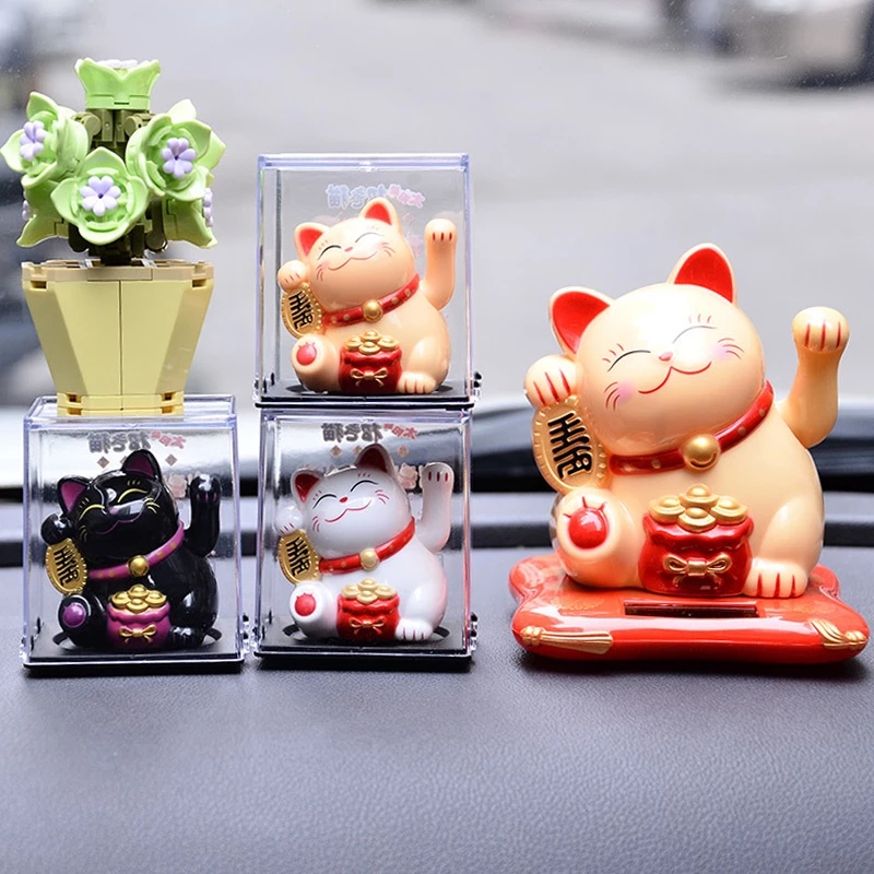 Lucky Cat Kucing Mini Patung Kucing Hoki Bergerak Mobil 2.5in Dashboard Solar Hiasan Dashboard Mobil