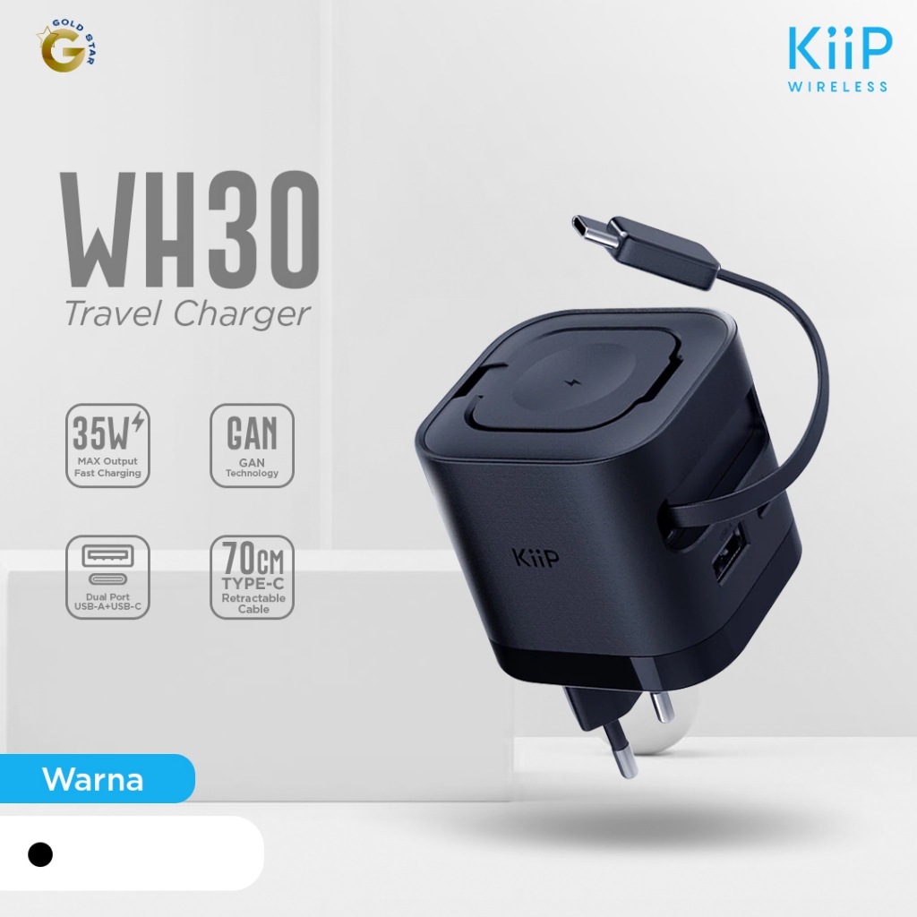 KiiP WH30 3in1 Adapter Fast Charger GaN 35W Retractable Cable Built in Magnetic Wireless Apple Watch