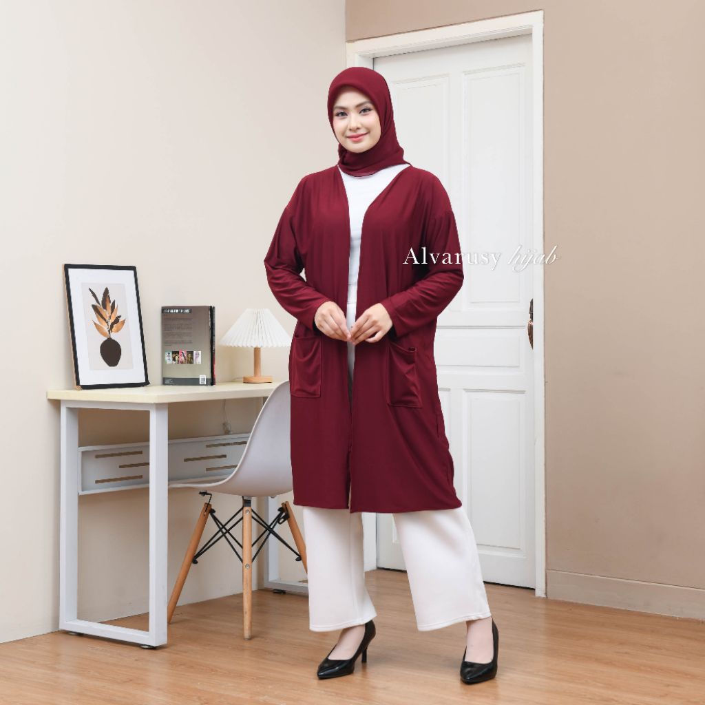 Outer Hijab - Long Cardigan Panjang dengan Saku Wanita Polos (Jersey Zoya) | Alvarusy Hijab