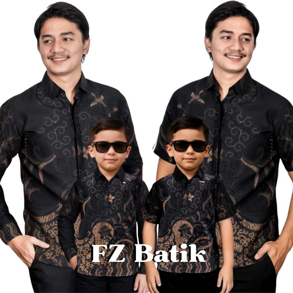 Couple Batik Ayah dan Anak Cowok Kemeja Batik Anak Laki Laki Lengan Panjang Warna Hitam Kombi Mocca