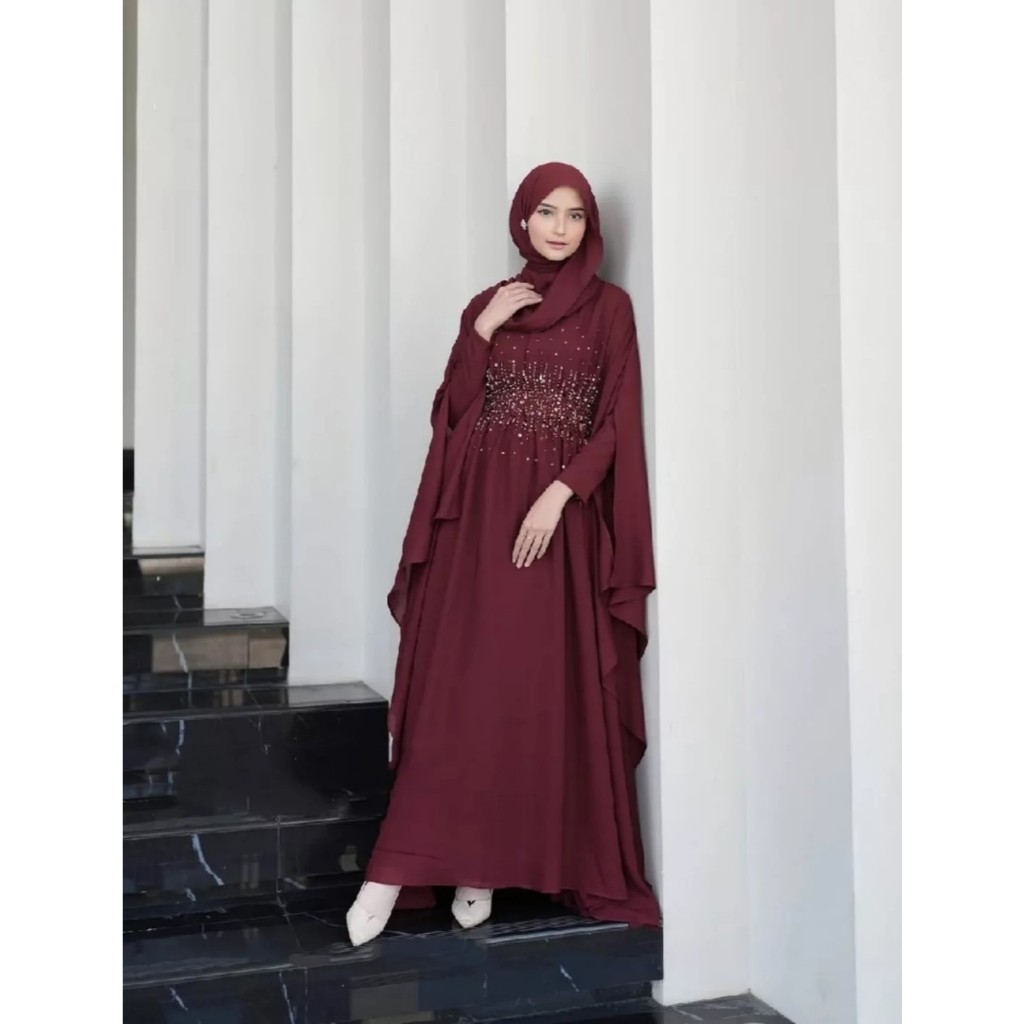 Layla Dress Gamis Kaftan Ceruty Babydoll Premium Set Outer Aksen Payet Mutiara Mewah Elegan Gamis Pe