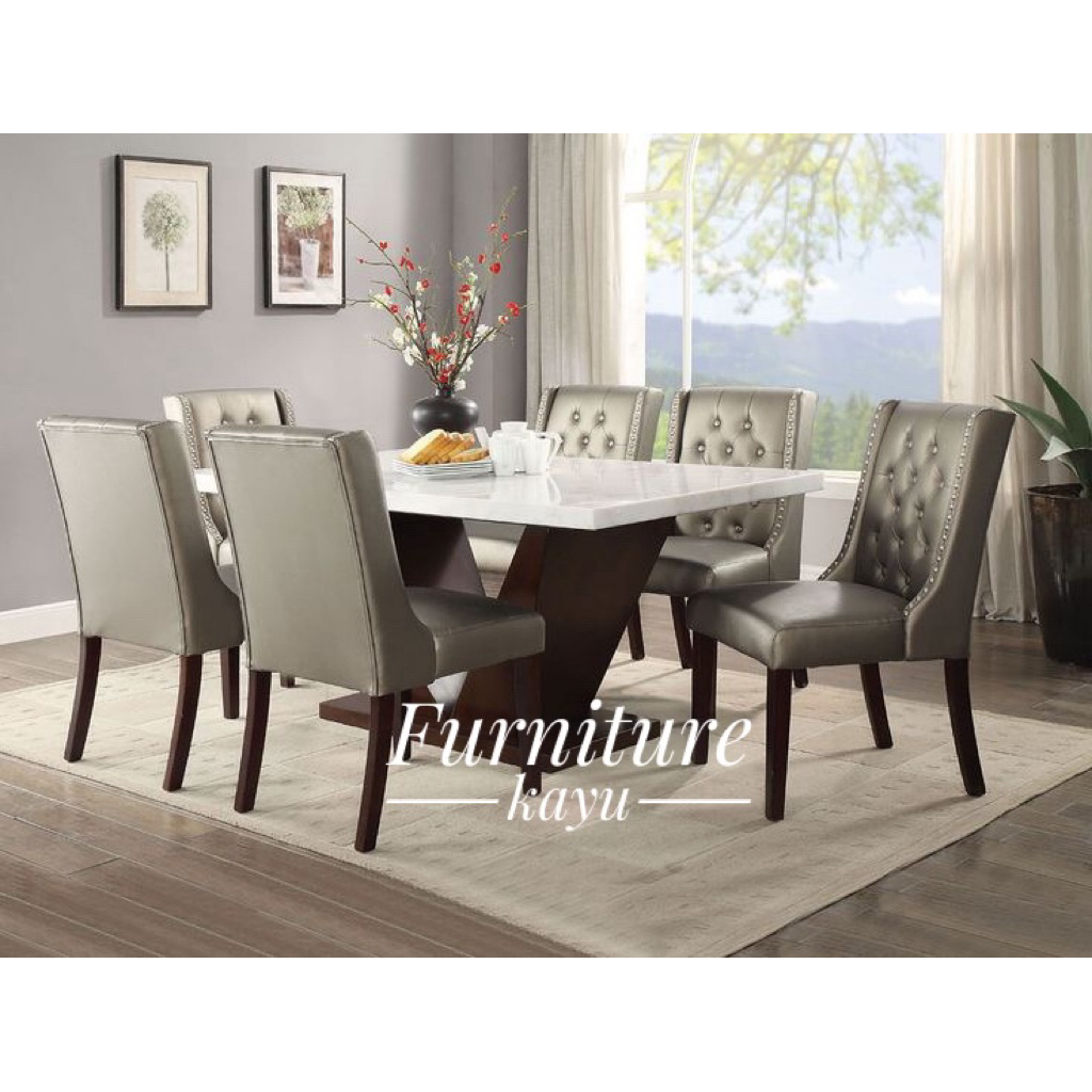 set meja makan marmer mewah 6 kursi kayu jati, meja makan marmer kayu jati, meja makan murah kayu ja