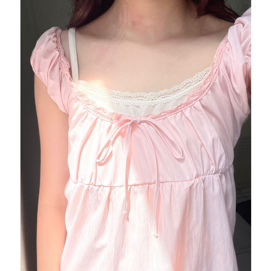 Nanami Top | Shoujo girl | Coquette | Babydoll top | Pink top | Ribbon | Milkmaid | Lace top
