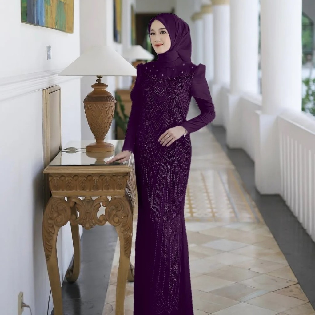 Leona Dress Melayu Malaysia Velvet Mix Brukat Plus Payet Mutiara Baju Gamis Warna Burgundy 2025 Brid