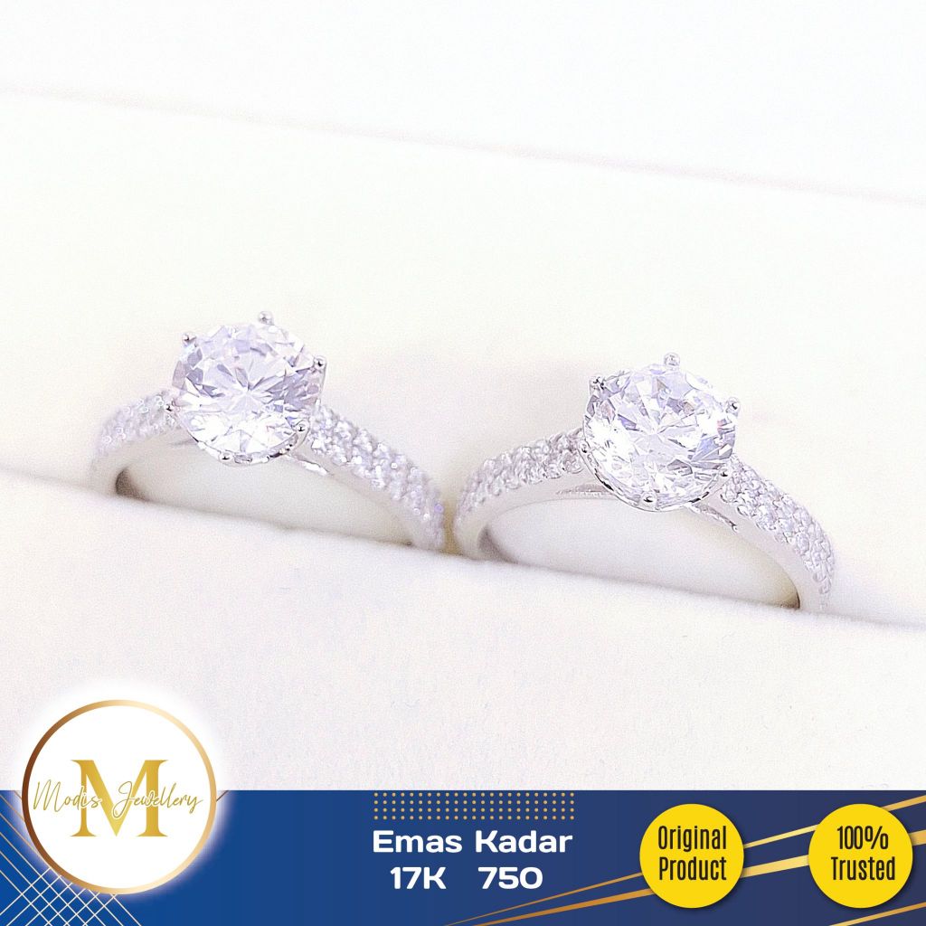 MODIS JEWELLERY - Cincin Solitaire 6 Prongs Double Listring Putih - Emas 17k  750