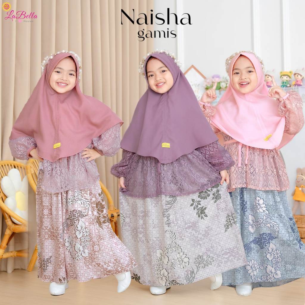 La Bella - Dress Batik Anak Perempuan Set Brokat Super Cantik - Gamis Naisha Set Hijab