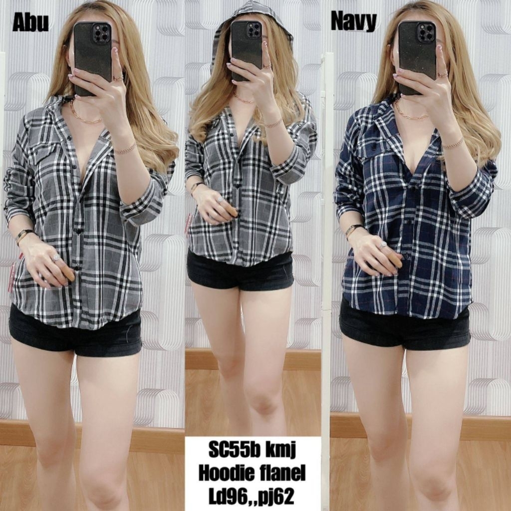 [REALPIC] KEMEJA KATUN FLANNEL WANITA TOPI HOODIE TANGAN PANJANG KANCING HIDUP
