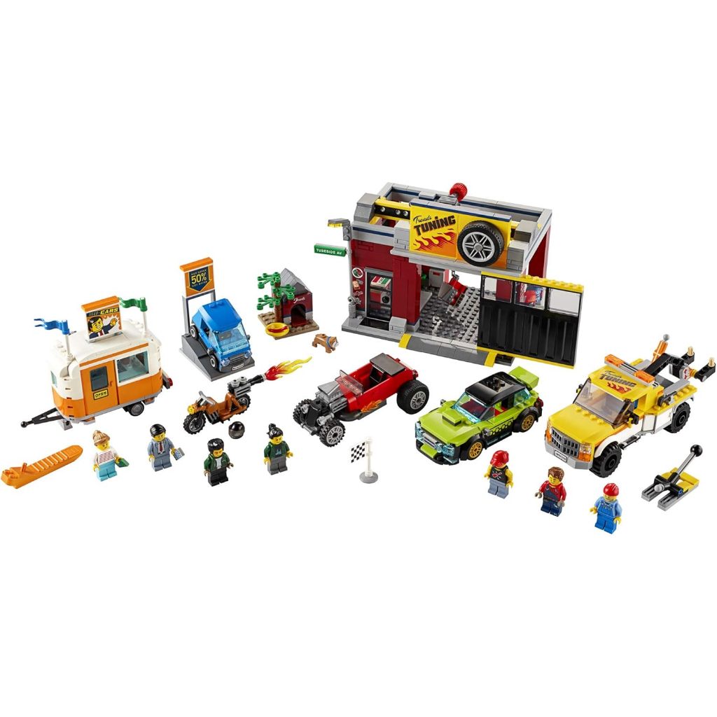 LEGO City Tuning Workshop 60258, Features a Toy Garage, Car Shop, Camping Trailer, Motorcycle, Crane