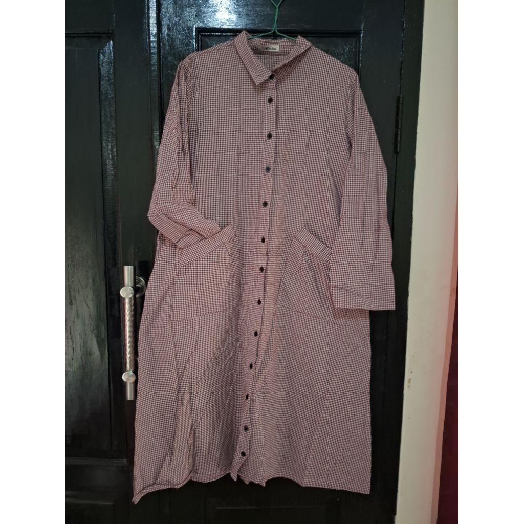 dress tunik kotak kotak merah