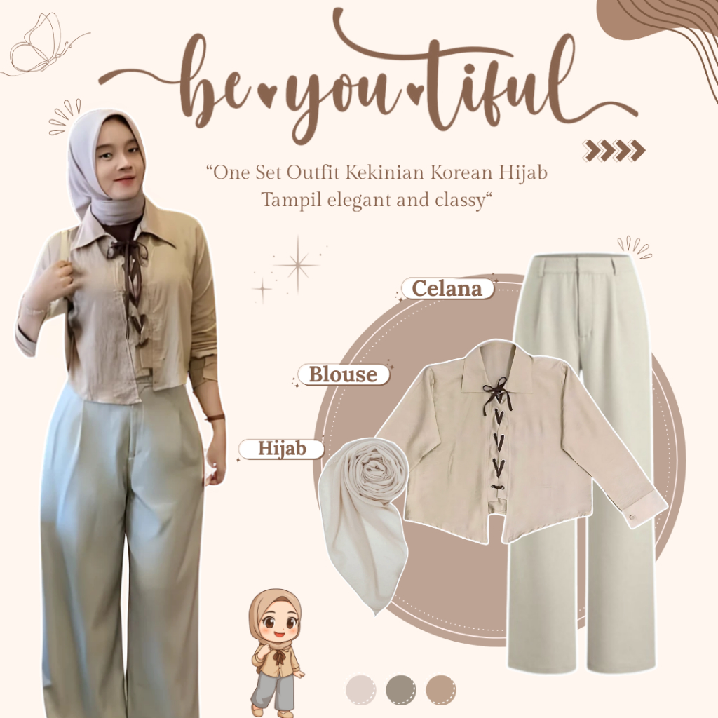 Setelan Wanita 3in1 Kekinian | OOTD Hang Out | Outfit Trend Look | Blouse + Celana + Hijab - CM159N