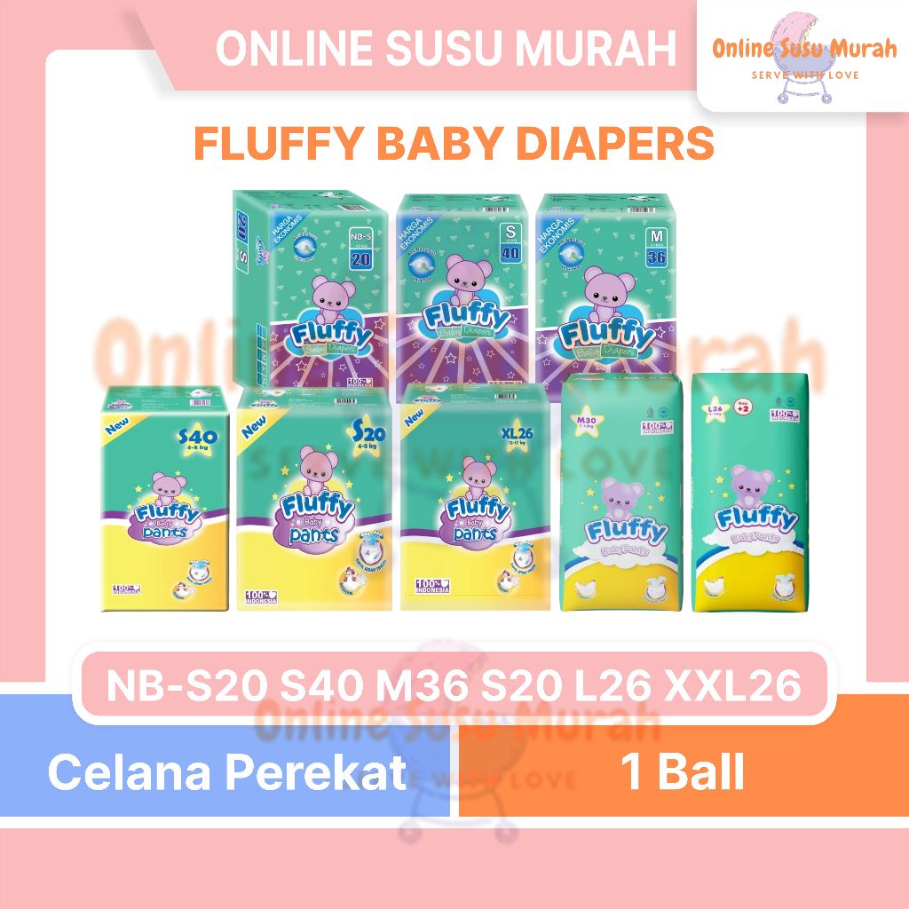 FLUFFY BABY DIAPERS PANTS S20 S 40 M 30 L 26 XL 26 TAPE S 20 S 40 M 36 POPOK PEREKAT DAN CELANA PPKS