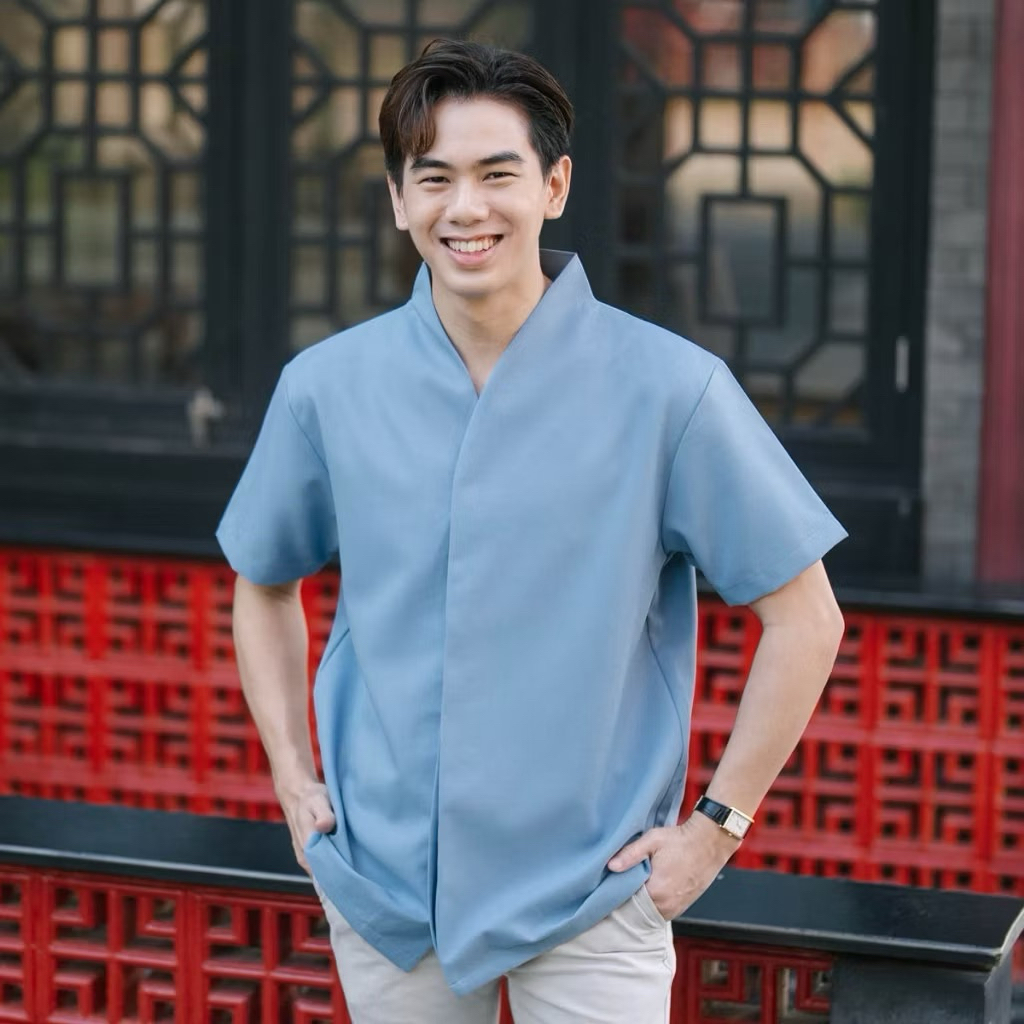 BARU Kemeja Pria Kerah Kimono Size S Dusty Blue