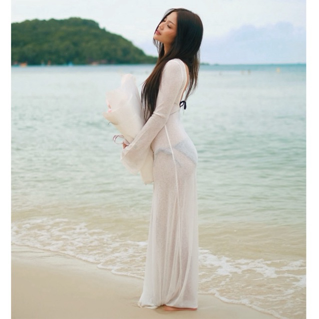 Sydney Outer Dress beach bikini cover up see through mesh black white hitam putih swimsuit luaran ba