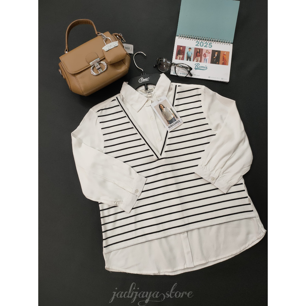 Kemeja Wanita Remix Jeans Atasan Blouse Katun Polos Lengan Panjang